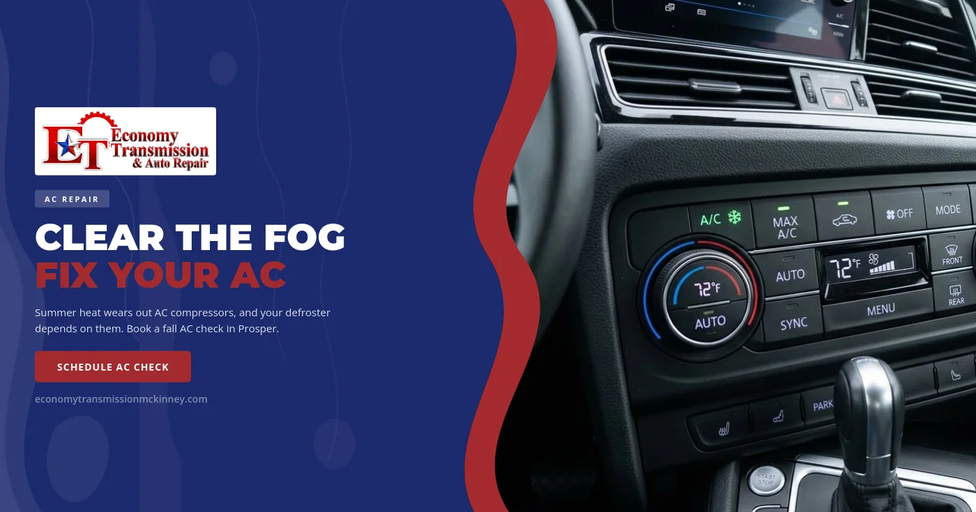 An ASE Certified technician connects AC pressure gauges under the hood of a car during an after-summer air conditioning check for a driver from Prosper, Texas.