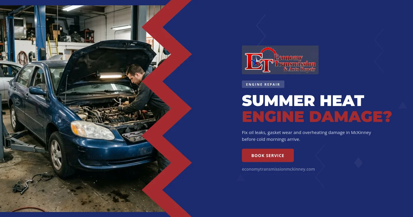 A technician inspects an engine bay for oil leaks and heat-worn hoses at an auto repair shop in McKinney, TX.